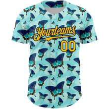 Load image into Gallery viewer, Custom Ice Blue Gold-Navy 3D Pattern Design Animal Butterfly Authentic Baseball Jersey
