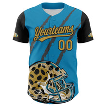 Load image into Gallery viewer, Custom Panther Blue Old Gold-Black 3D Pattern Design Football Jaguar Helmet And Animal Claw Authentic Baseball Jersey
