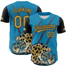 Load image into Gallery viewer, Custom Panther Blue Old Gold-Black 3D Pattern Design Football Jaguar Helmet And Animal Claw Authentic Baseball Jersey
