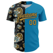 Load image into Gallery viewer, Custom Panther Blue Old Gold-Black 3D Pattern Design Football Jaguar Helmet Authentic Baseball Jersey
