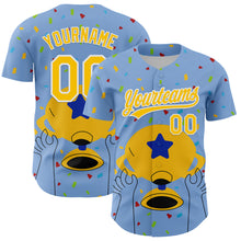 Load image into Gallery viewer, Custom Light Blue Yellow-White 3D Pattern Design Champion Trophy Authentic Baseball Jersey
