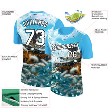 Load image into Gallery viewer, Custom Sky Blue White-Black 3D Pattern Design Fisherman Catching Fish Performance T-Shirt
