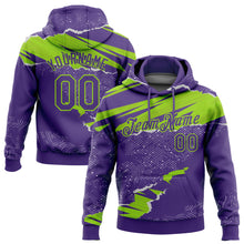 Load image into Gallery viewer, Custom Stitched Purple Neon Green 3D Pattern Design Torn Paper Style Sports Pullover Sweatshirt Hoodie
