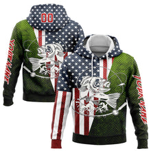 Load image into Gallery viewer, Custom Navy Red-Aurora Green 3D American Flag And Smallmouth Bass Fish Fishing Sports Pullover Sweatshirt Hoodie

