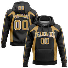 Load image into Gallery viewer, Custom Stitched Black Old Gold-White 3D Pattern Design Segmentation Patchwork Stripe Sports Pullover Sweatshirt Hoodie
