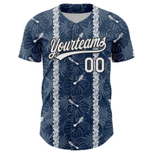 Load image into Gallery viewer, Custom Navy White-Black 3D Tropical Hawaii Jungle Leaves And Flower Authentic Baseball Jersey
