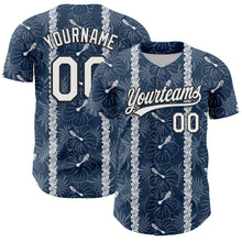Load image into Gallery viewer, Custom Navy White-Black 3D Tropical Hawaii Jungle Leaves And Flower Authentic Baseball Jersey
