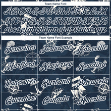 Load image into Gallery viewer, Custom Navy White 3D Pattern Design Sailing Ship Wheel Compass Columbus Day Performance T-Shirt
