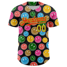 Load image into Gallery viewer, Custom Black Neon Green-Fire Red 3D Pattern Design Funny Cartoon Emoji Smile Face Authentic Baseball Jersey
