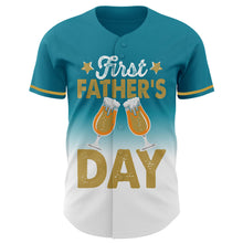 Load image into Gallery viewer, Custom Teal Old Gold-White 3D Pattern Design Father&#39;s Day Beer Lover Fade Authentic Baseball Jersey
