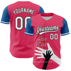 Custom Neon Pink White-Blue 3D Pattern Design Father's Day Family Love Authentic Baseball Jersey