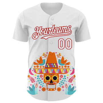 Custom White Red 3D Mexican Festival Flower Skull With Sombrero Cinco de Mayo Authentic Baseball Jersey