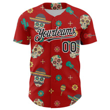 Load image into Gallery viewer, Custom Red Black-White 3D Mexican Festival Cactus Skull With Sombrero Cinco de Mayo Authentic Baseball Jersey
