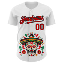 Load image into Gallery viewer, Custom White Red-Black 3D Mexican Festival Flag Skull With Sombrero Cinco de Mayo Authentic Baseball Jersey
