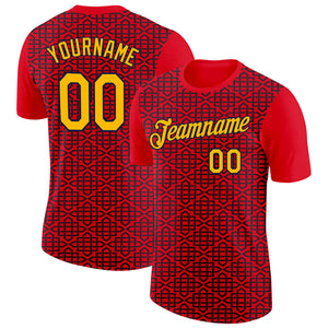 Custom Fire Red Gold Black-Navy 3D Esports Performance T-Shirt