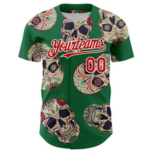 Load image into Gallery viewer, Custom Kelly Green Red-White 3D Mexican Skull Authentic Baseball Jersey
