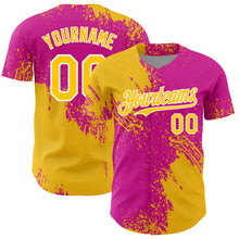 Load image into Gallery viewer, Custom Yellow Deep Pink-White 3D Pattern Design Abstract Brush Stroke Authentic Baseball Jersey
