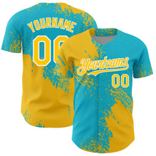 Load image into Gallery viewer, Custom Yellow Lakes Blue-White 3D Pattern Design Abstract Brush Stroke Authentic Baseball Jersey
