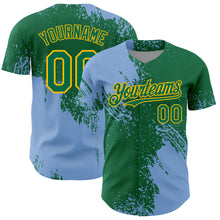 Load image into Gallery viewer, Custom Light Blue Kelly Green-Gold 3D Pattern Design Abstract Brush Stroke Authentic Baseball Jersey
