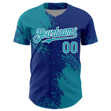 Load image into Gallery viewer, Custom Teal Royal-White 3D Pattern Design Abstract Brush Stroke Authentic Baseball Jersey
