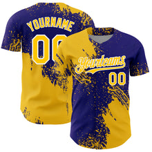 Load image into Gallery viewer, Custom Yellow Dark Purple-White 3D Pattern Design Abstract Brush Stroke Authentic Baseball Jersey
