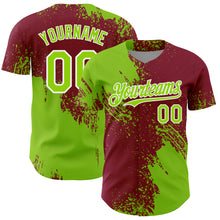 Load image into Gallery viewer, Custom Neon Green Crimson-White 3D Pattern Design Abstract Brush Stroke Authentic Baseball Jersey
