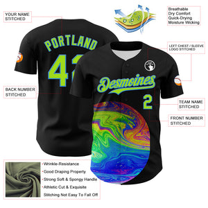 Custom Black Neon Green-Electric Blue 3D Pattern Design Rave Psychedelic Fluid Art Authentic Baseball Jersey