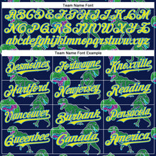 Load image into Gallery viewer, Custom Navy Neon Yellow-Electric Blue 3D Pattern Design Rave Psychedelic Neon Dinosaur Authentic Baseball Jersey
