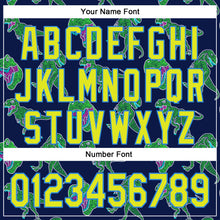 Load image into Gallery viewer, Custom Navy Neon Yellow-Electric Blue 3D Pattern Design Rave Psychedelic Neon Dinosaur Authentic Baseball Jersey
