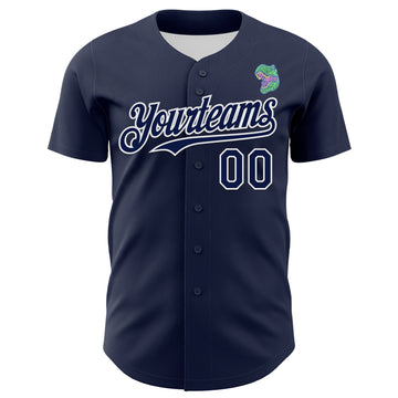 Custom Navy White 3D Pattern Design Rave Psychedelic Neon Dinosaur Authentic Baseball Jersey