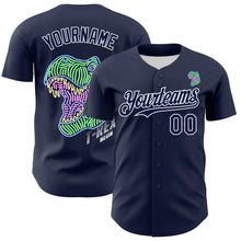 Load image into Gallery viewer, Custom Navy White 3D Pattern Design Rave Psychedelic Neon Dinosaur Authentic Baseball Jersey
