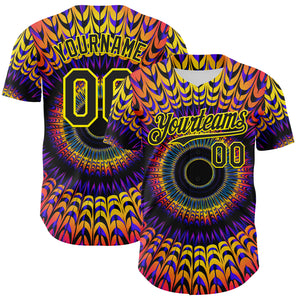 Custom Black Light Yellow 3D Pattern Design Rave Psychedelic Fractal Style Authentic Baseball Jersey