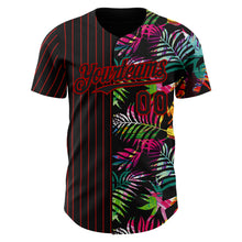 Load image into Gallery viewer, Custom Black Red 3D Pattern Design Pinstripe Tropical Palm Leaves Authentic Baseball Jersey

