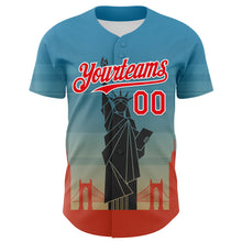 Load image into Gallery viewer, Custom Blue Fire Red-White 3D Pattern Design Patriotic American Symbol Golden Gate Bridge And Statue of Liberty Authentic Baseball Jersey
