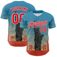 Load image into Gallery viewer, Custom Blue Fire Red-White 3D Pattern Design Patriotic American Symbol Golden Gate Bridge And Statue of Liberty Authentic Baseball Jersey
