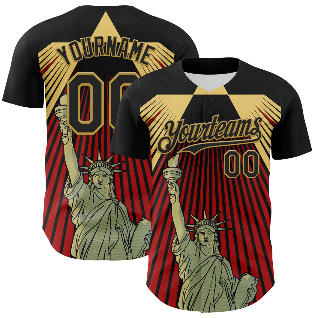 Custom Black Red-Old Gold 3D Pattern Design Patriotic American Symbol Statue of Liberty Authentic Baseball Jersey