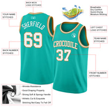 Load image into Gallery viewer, Custom Aqua White-Old Gold Authentic Basketball Jersey
