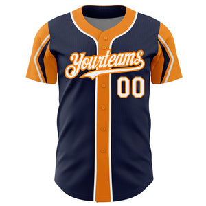 Custom Navy White-Bay Orange 3 Colors Arm Shapes Authentic Baseball Jersey