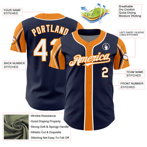 Custom Navy White-Bay Orange 3 Colors Arm Shapes Authentic Baseball Jersey