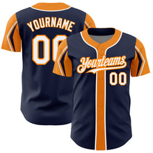 Load image into Gallery viewer, Custom Navy White-Bay Orange 3 Colors Arm Shapes Authentic Baseball Jersey

