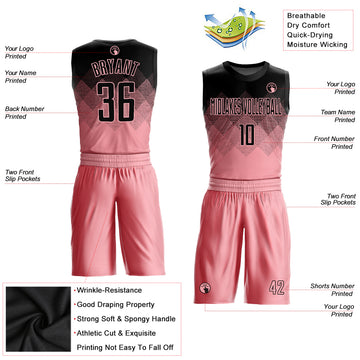 Custom Medium Pink Black Round Neck Sublimation Basketball Suit Jersey