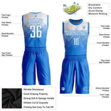 Custom Electric Blue White Round Neck Sublimation Basketball Suit Jersey