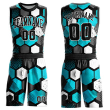 Load image into Gallery viewer, Custom Black Aqua-White Round Neck Sublimation Basketball Suit Jersey

