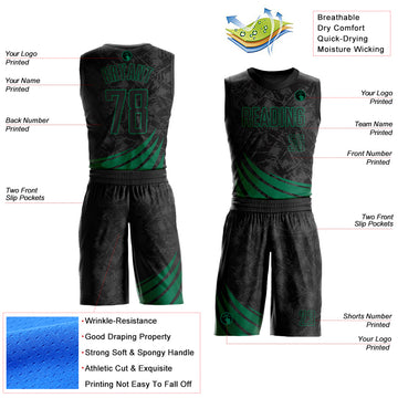 Custom Black Kelly Green Wind Shapes Round Neck Sublimation Basketball Suit Jersey