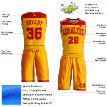 Custom Gold Red Color Block Round Neck Sublimation Basketball Suit Jersey