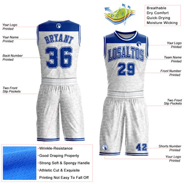 Custom White Royal Color Block Round Neck Sublimation Basketball Suit Jersey