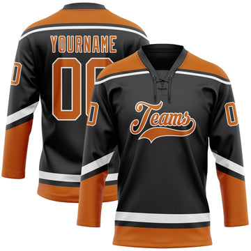 Custom Black Texas Orange-White Hockey Lace Neck Jersey