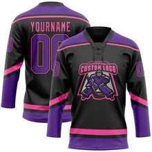 Load image into Gallery viewer, Custom Black Purple-Pink Hockey Lace Neck Jersey
