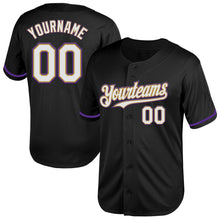 Load image into Gallery viewer, Custom Black White Old Gold-Purple Mesh Authentic Throwback Baseball Jersey
