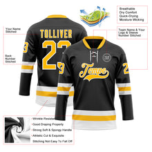 Load image into Gallery viewer, Custom Black Gold-White Hockey Lace Neck Jersey
